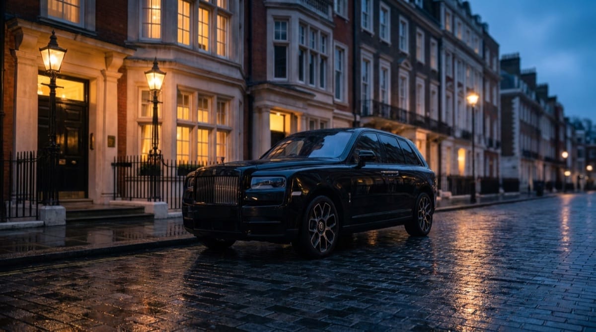 A luxury car on a London street at dusk